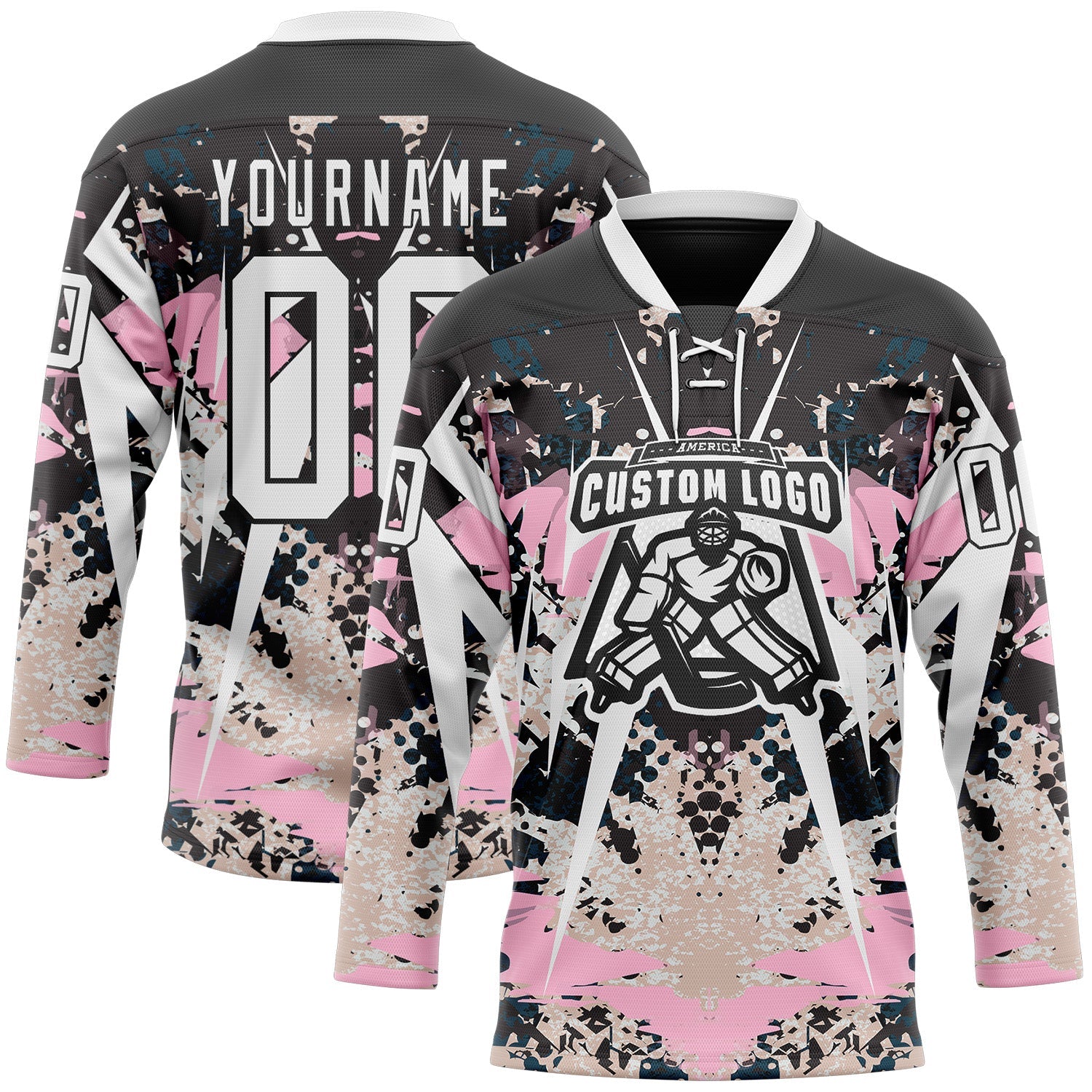Custom Black White-Light Pink 3D Pattern Abstract Grunge Hockey Lace Neck Jersey view 2