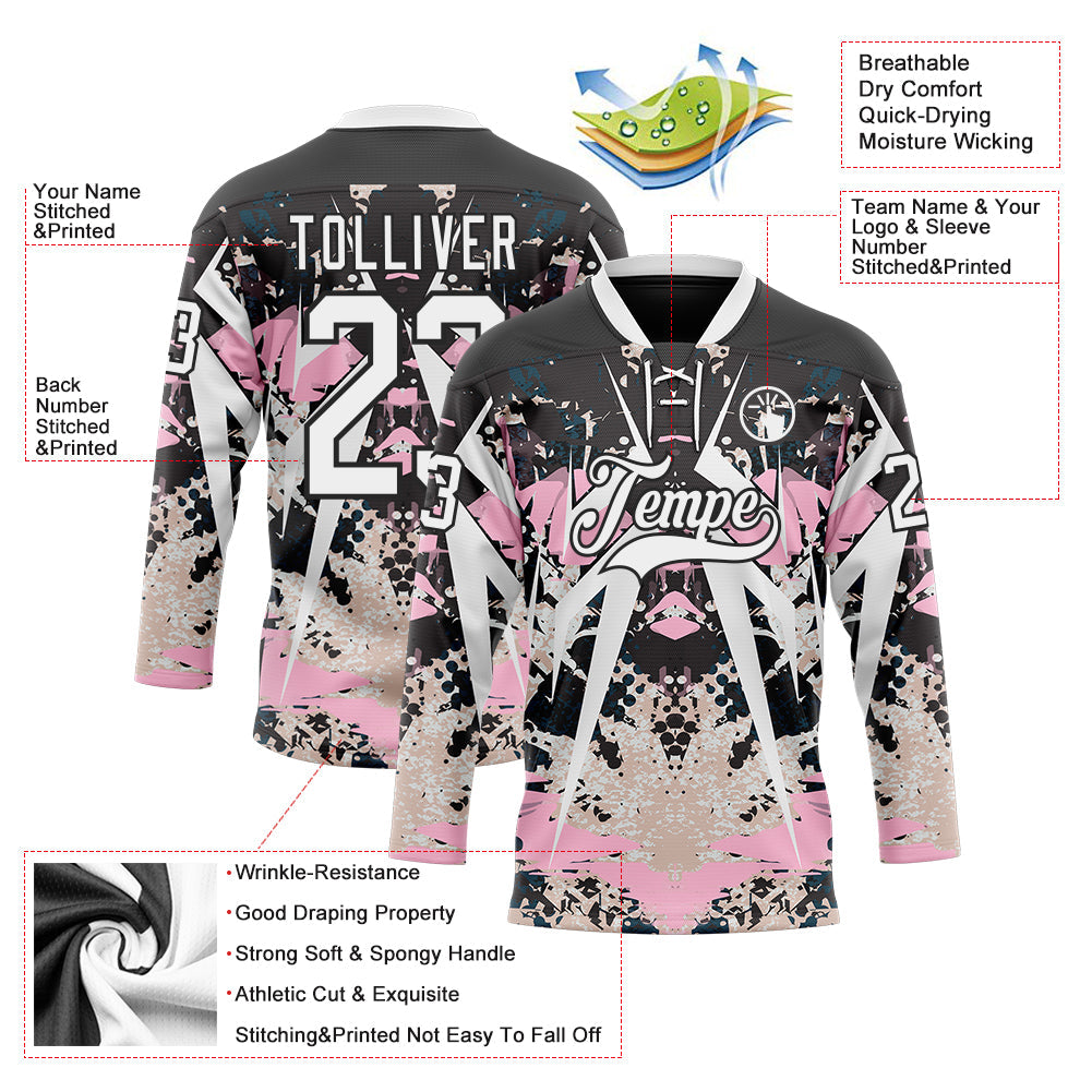 Custom Black White-Light Pink 3D Pattern Abstract Grunge Hockey Lace Neck Jersey view 3