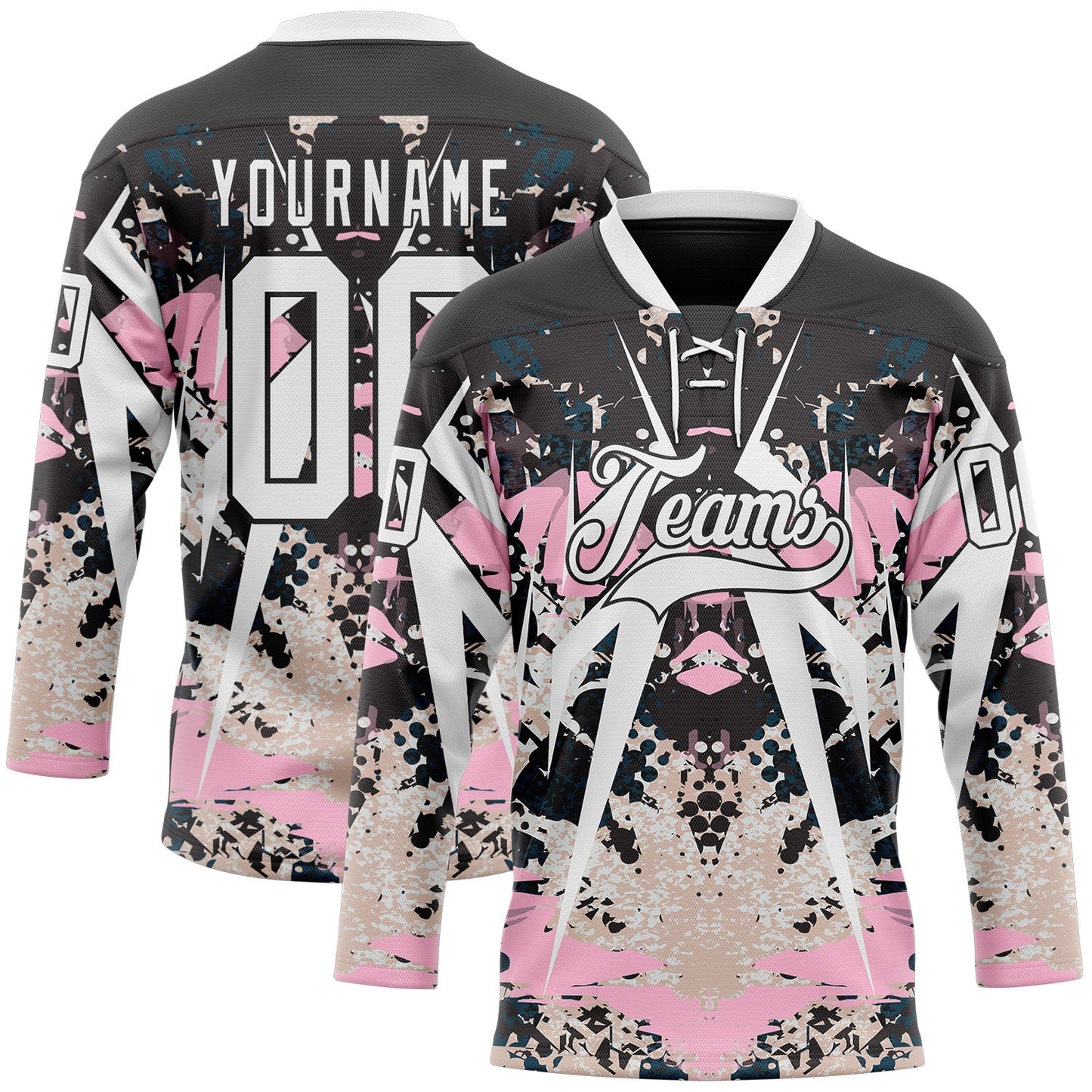 Custom Black White-Light Pink 3D Pattern Abstract Grunge Hockey Lace Neck Jersey - Main View