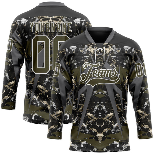 Custom Black Olive Steel Gray-White 3D Pattern Abstract Grunge Hockey Lace Neck Jersey - Main View