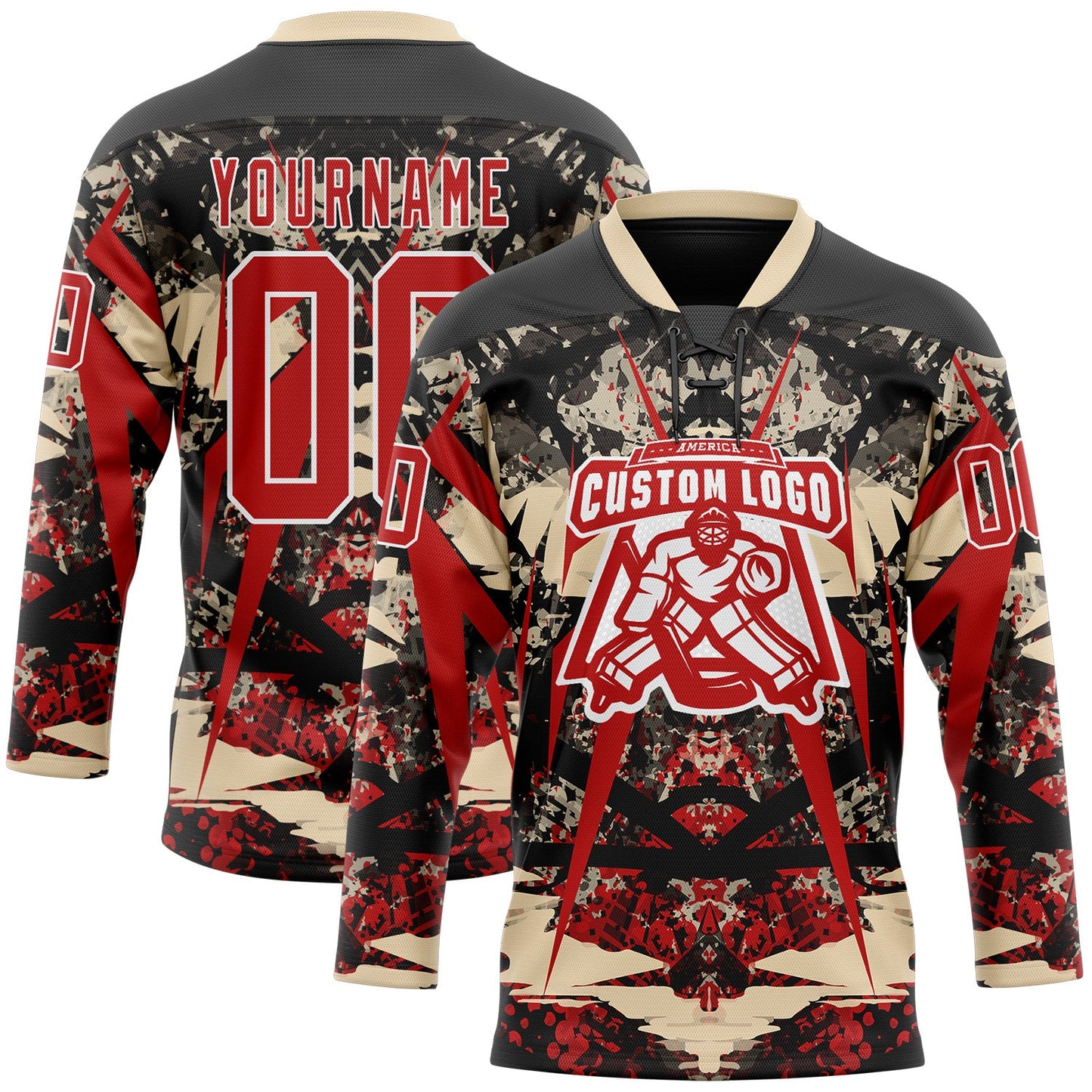 Custom Black Red City Cream-White 3D Pattern Abstract Grunge Hockey Lace Neck Jersey view 2