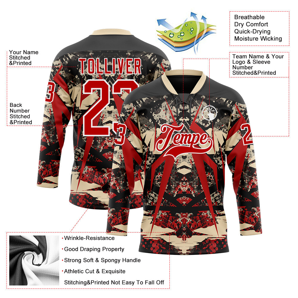 Custom Black Red City Cream-White 3D Pattern Abstract Grunge Hockey Lace Neck Jersey view 3