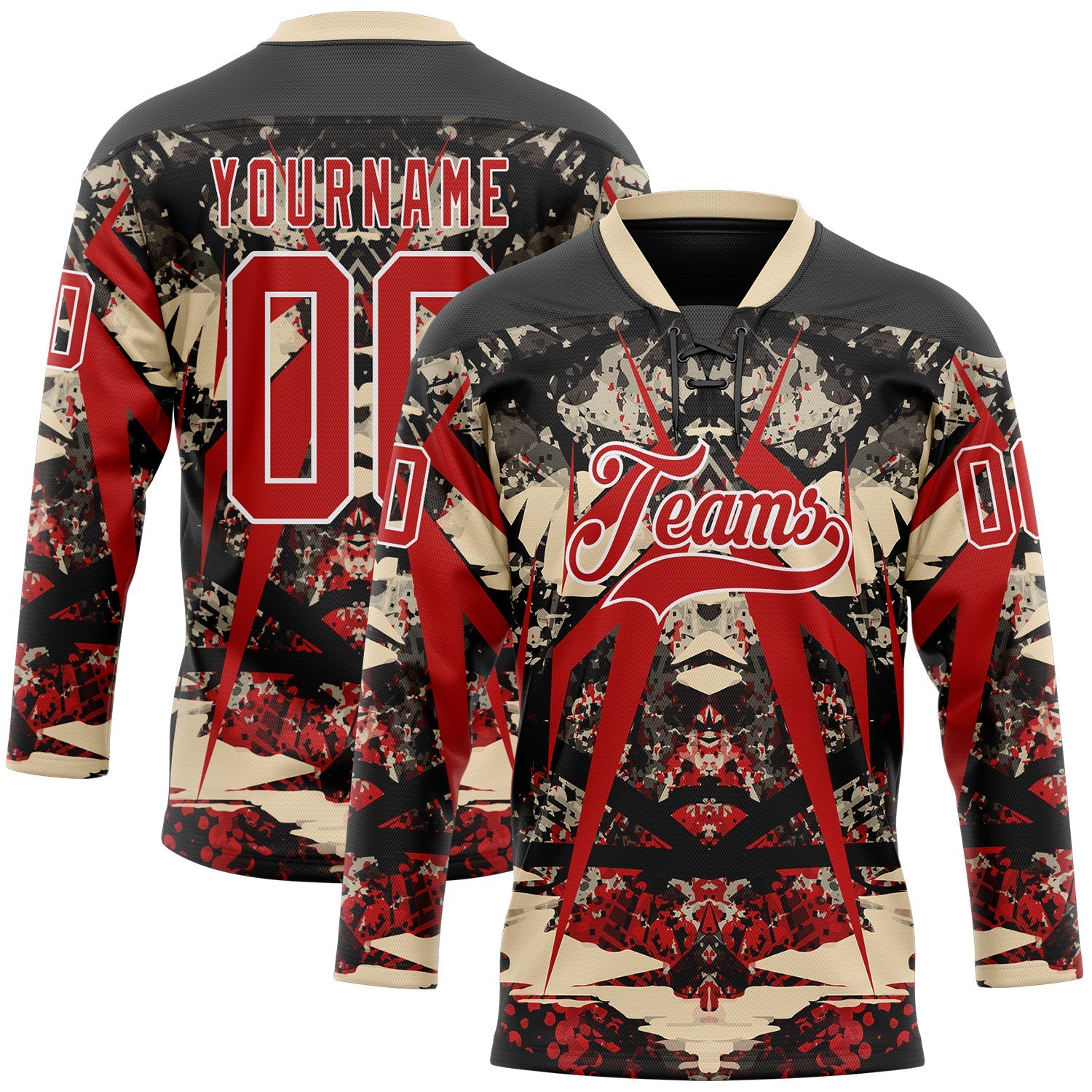 Custom Black Red City Cream-White 3D Pattern Abstract Grunge Hockey Lace Neck Jersey - Main View