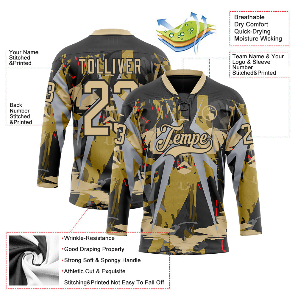 Custom Black Vegas Gold-Gray 3D Pattern Abstract Hockey Lace Neck Jersey view 3