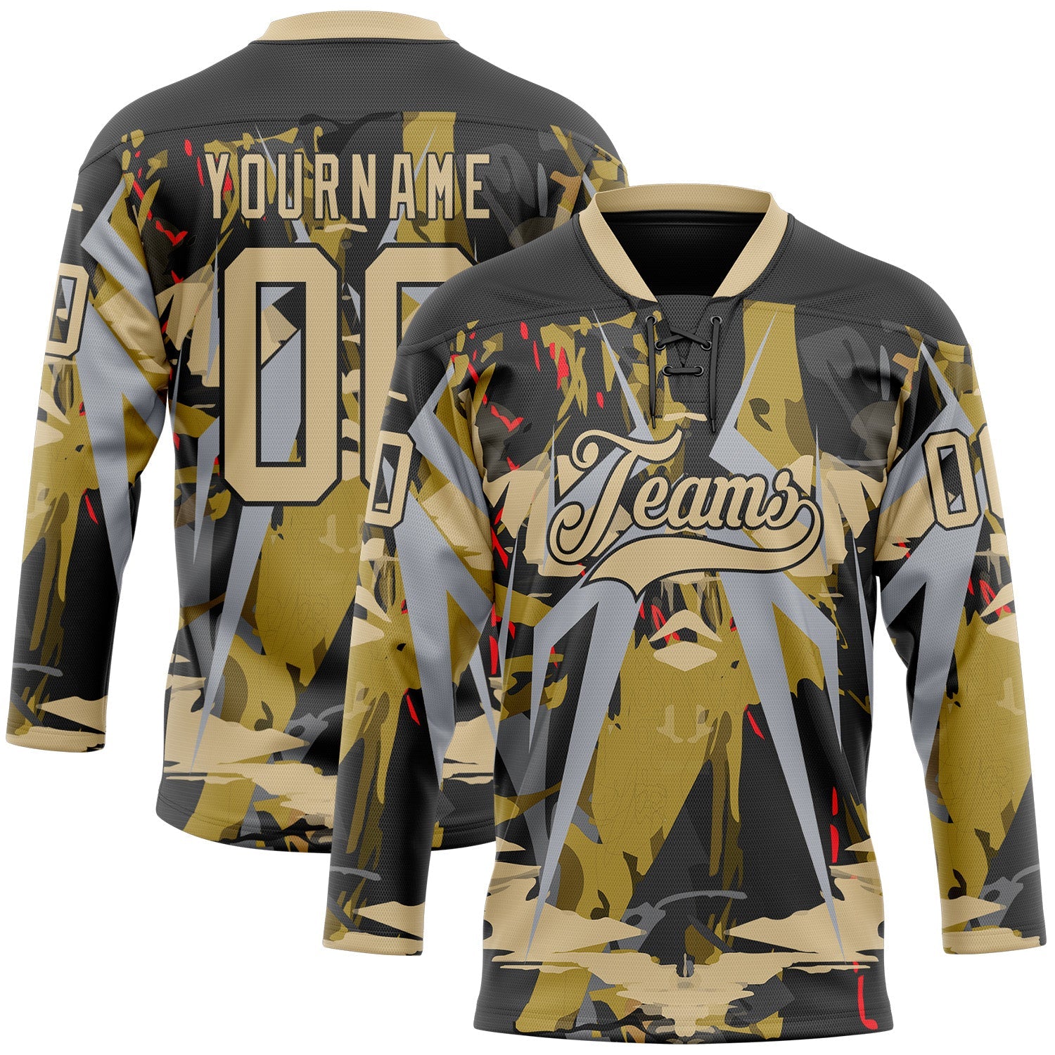 Custom Black Vegas Gold-Gray 3D Pattern Abstract Hockey Lace Neck Jersey - Main View