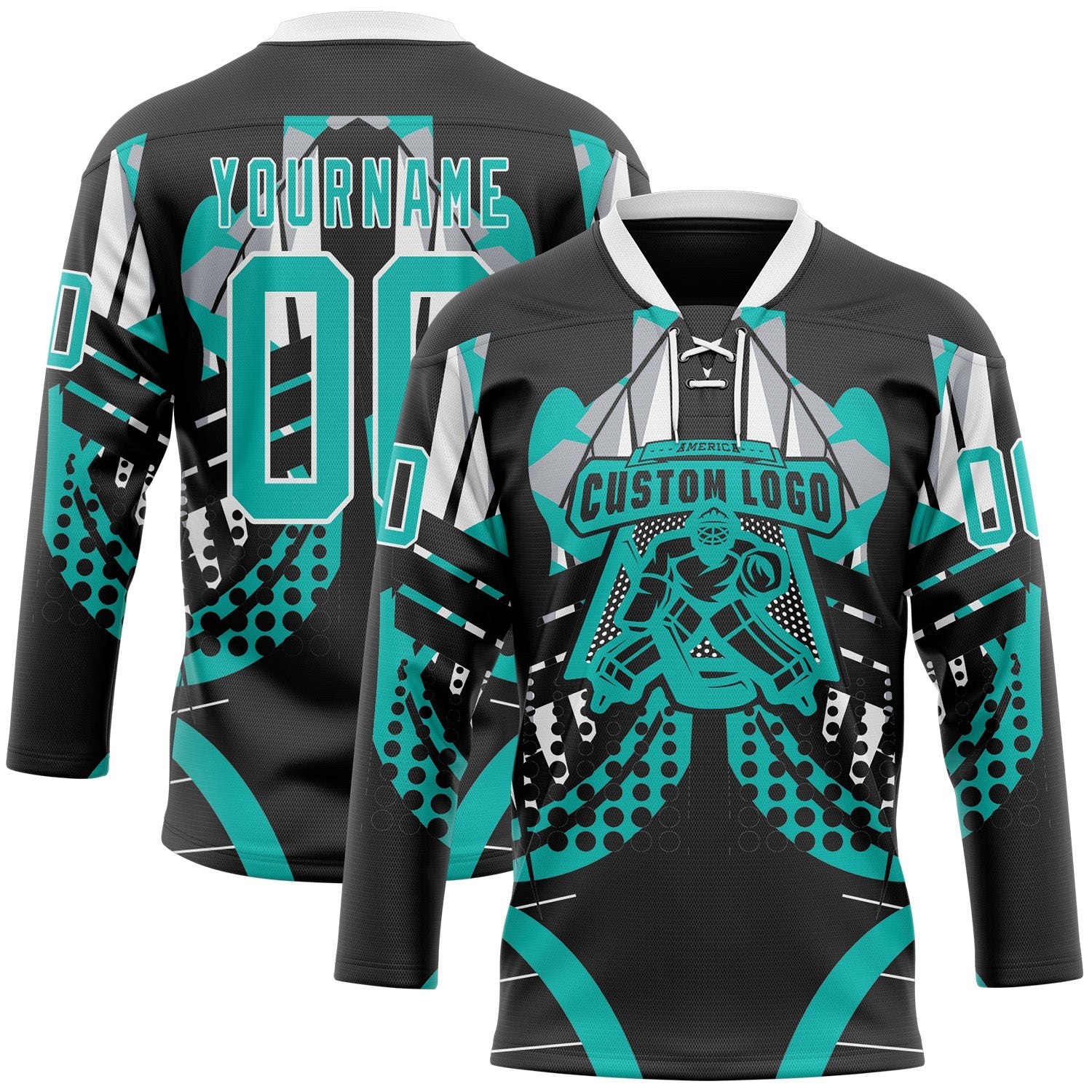 Custom Black Aqua-White 3D Pattern Abstract Hockey Lace Neck Jersey view 2