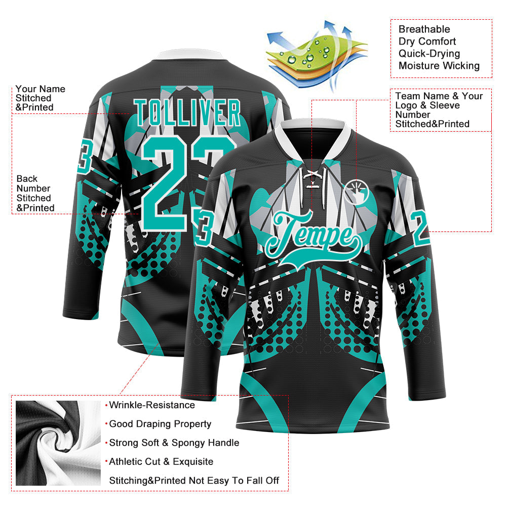 Custom Black Aqua-White 3D Pattern Abstract Hockey Lace Neck Jersey view 3