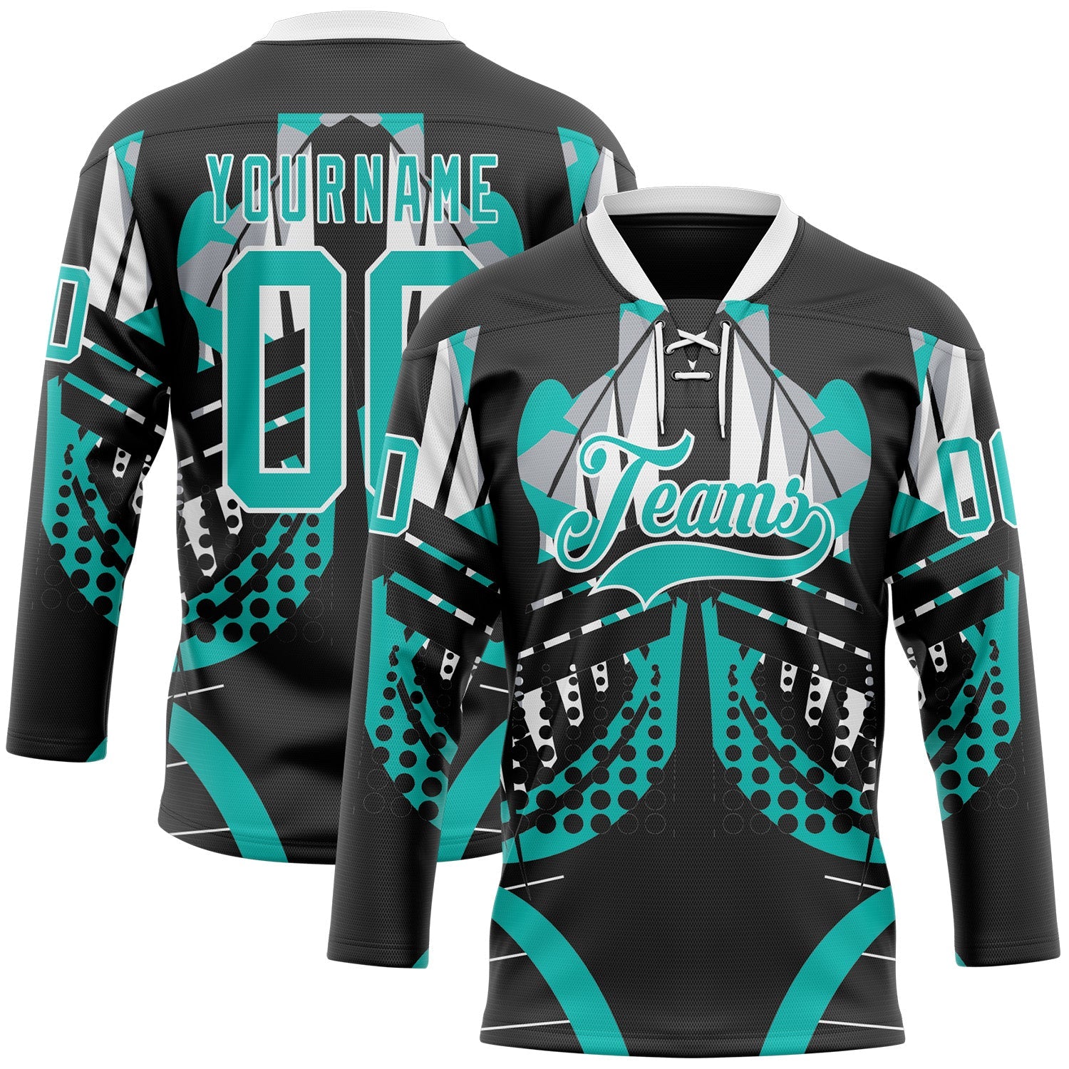 Custom Black Aqua-White 3D Pattern Abstract Hockey Lace Neck Jersey - Main View