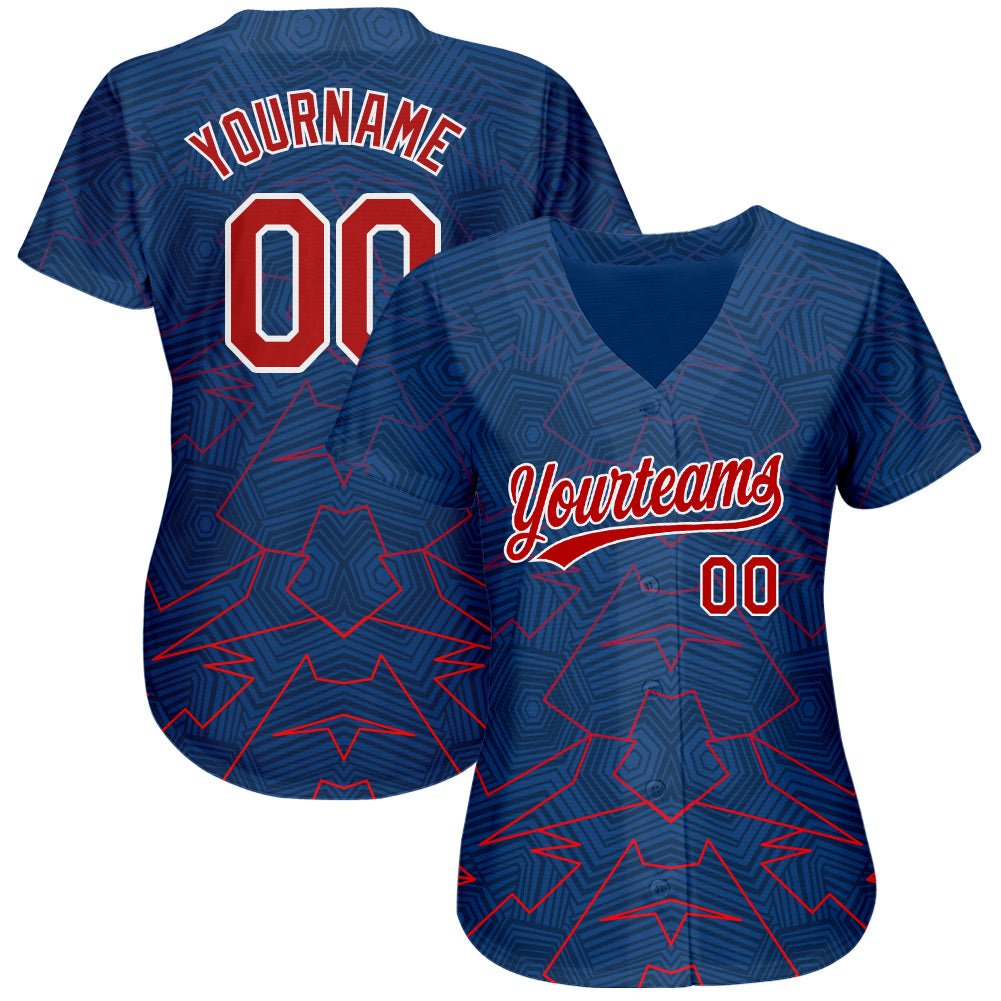 Custom Royal Red-White 3D Pattern Design Authentic Baseball Jersey view 2
