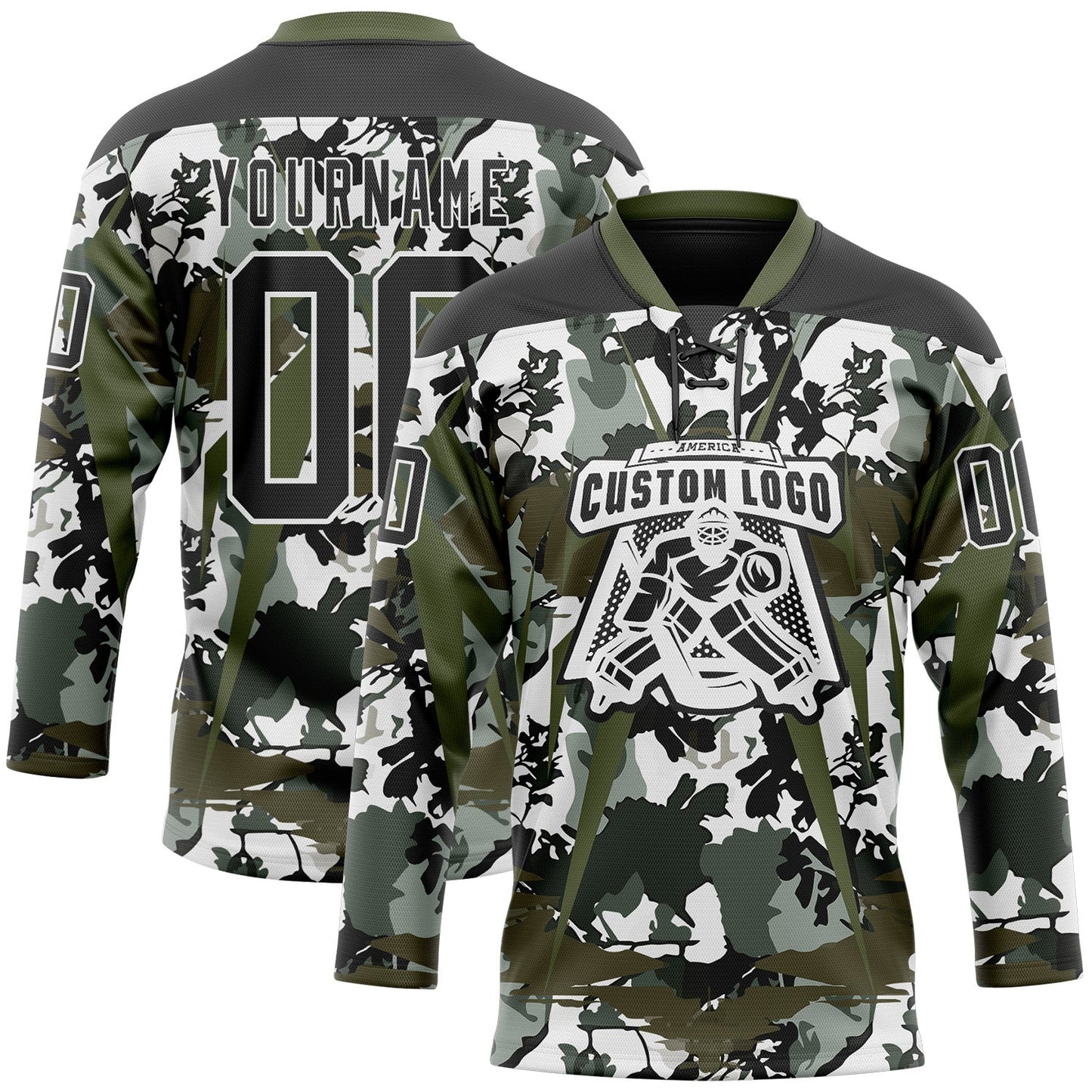 Custom Black Olive-White 3D Pattern Abstract Camo Hockey Lace Neck Jersey view 2