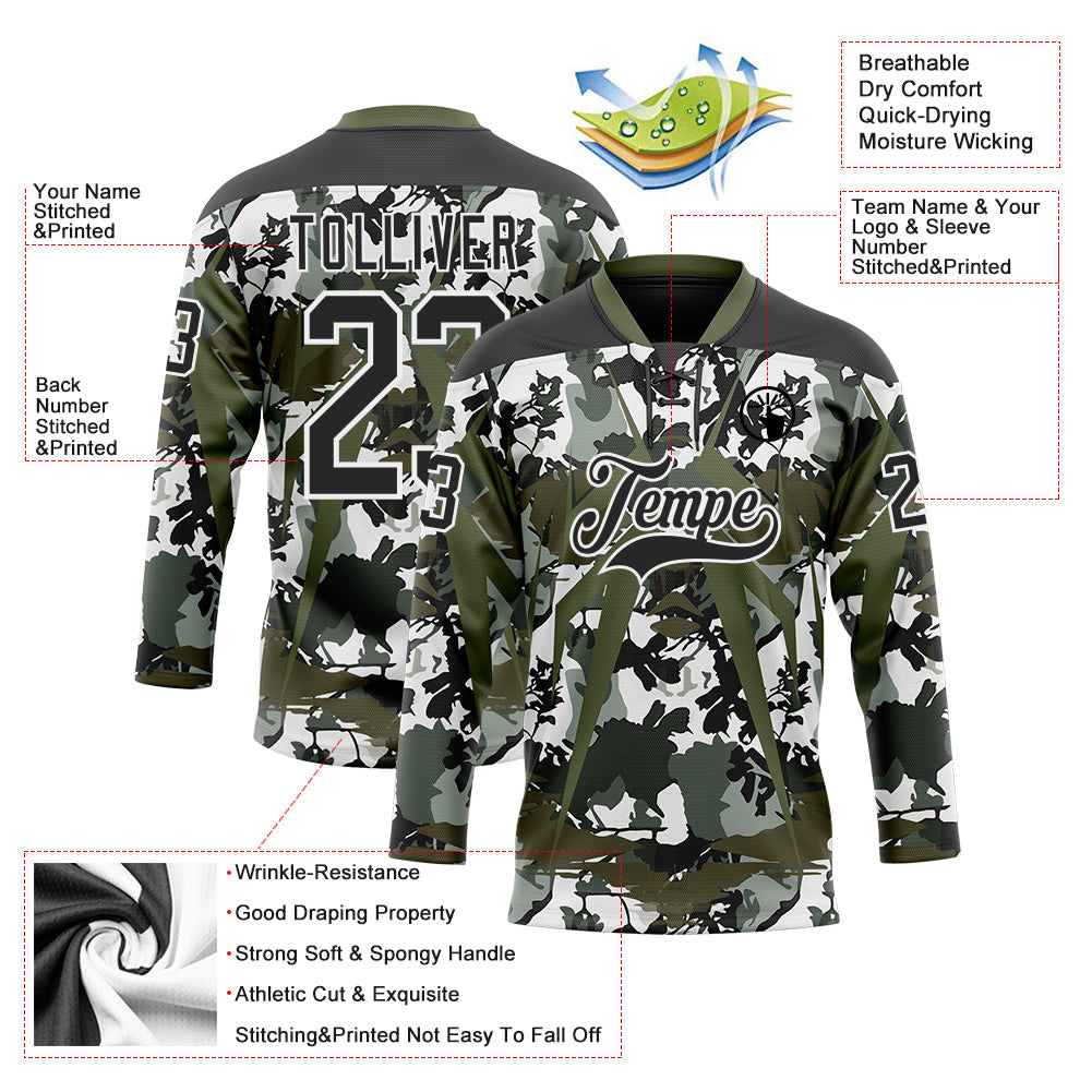 Custom Black Olive-White 3D Pattern Abstract Camo Hockey Lace Neck Jersey view 3