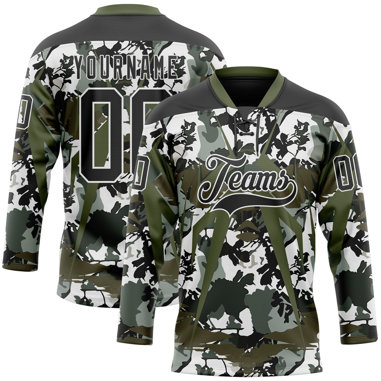 Custom Black Olive-White 3D Pattern Abstract Camo Hockey Lace Neck Jersey - Main View