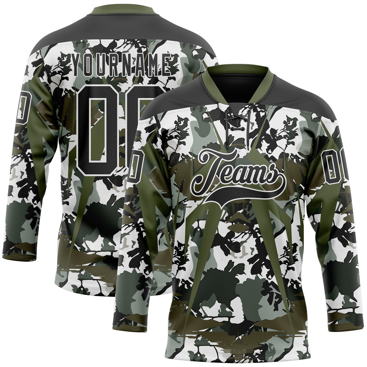 Custom Black Olive-White 3D Pattern Abstract Camo Hockey Lace Neck Jersey - Main View