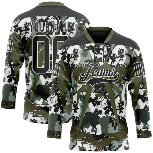 Custom Black Olive-White 3D Pattern Abstract Camo Hockey Lace Neck Jersey - Main View