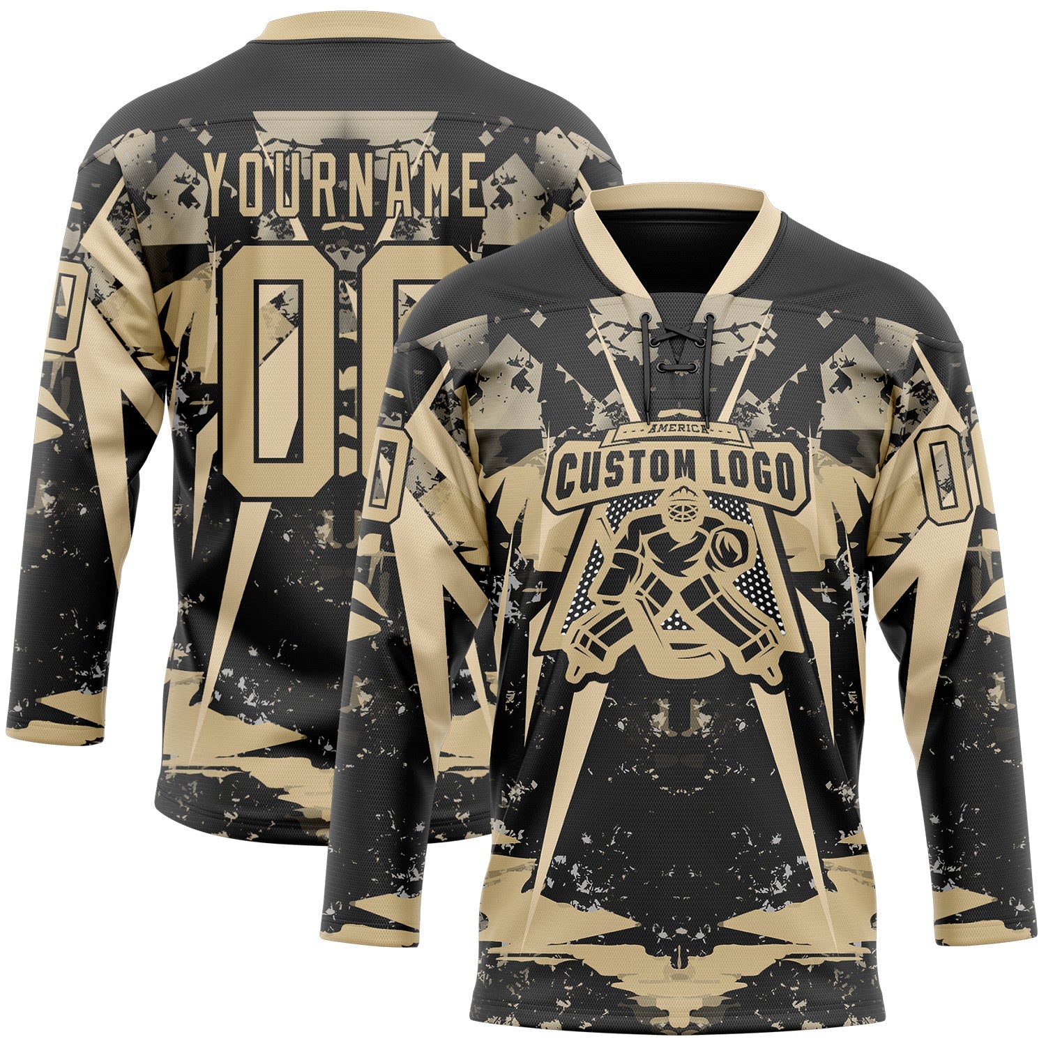 Custom Black Vegas Gold 3D Pattern Abstract Grunge Hockey Lace Neck Jersey view 2