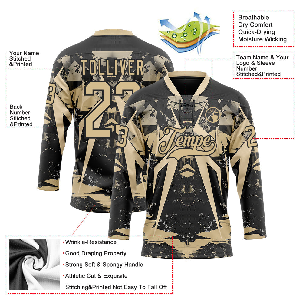 Custom Black Vegas Gold 3D Pattern Abstract Grunge Hockey Lace Neck Jersey view 3