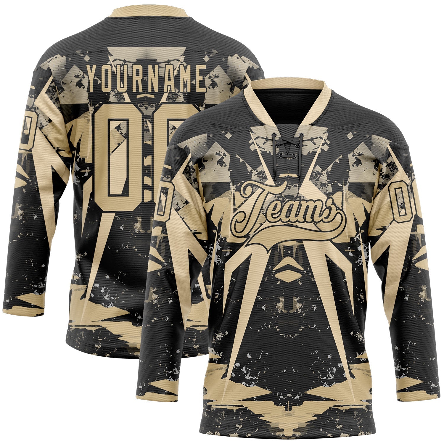 Custom Black Vegas Gold 3D Pattern Abstract Grunge Hockey Lace Neck Jersey - Main View