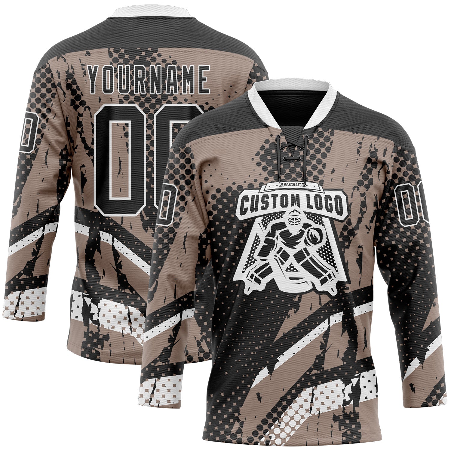 Custom Black Brown-White 3D Pattern Abstract Hockey Lace Neck Jersey view 2