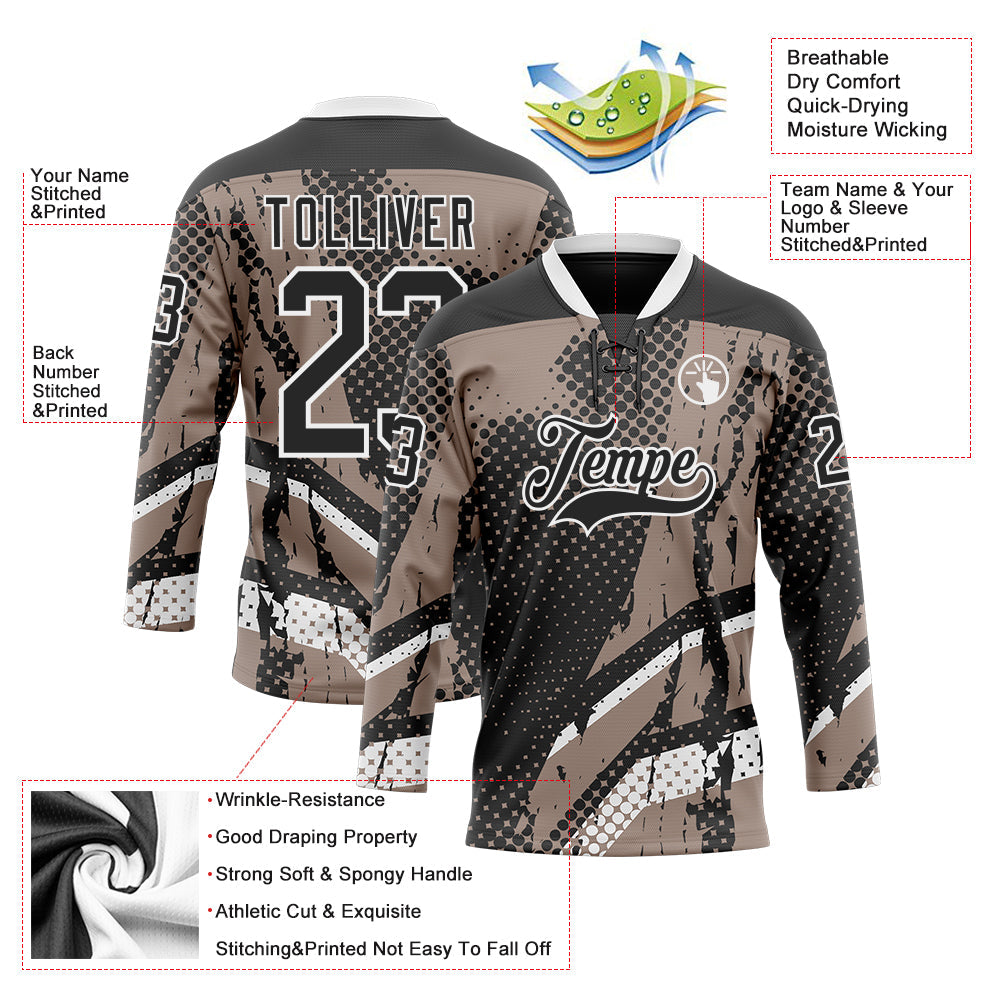 Custom Black Brown-White 3D Pattern Abstract Hockey Lace Neck Jersey view 3