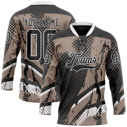 Custom Black Brown-White 3D Pattern Abstract Hockey Lace Neck Jersey - Main View