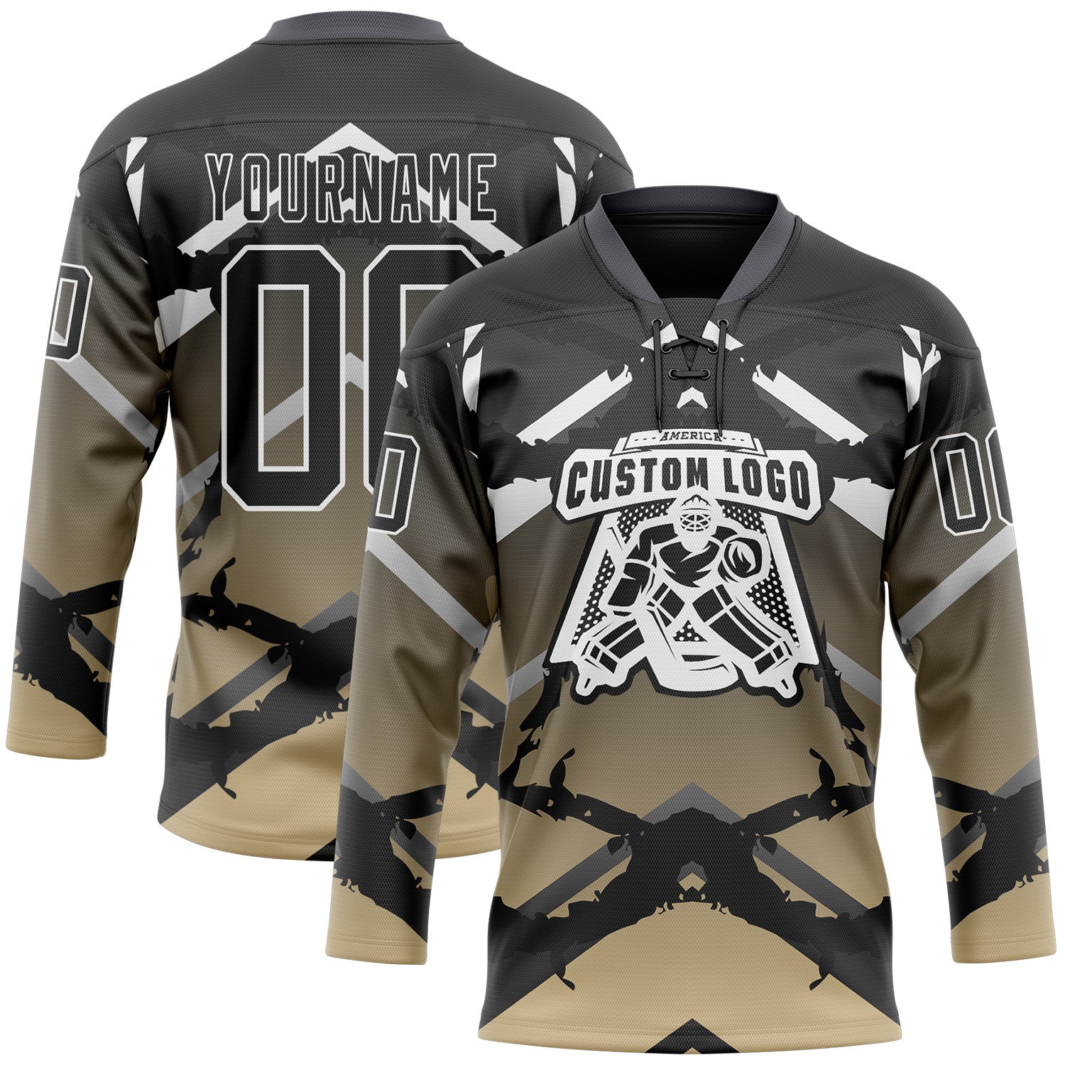 Custom Gray Black Vegas Gold-White 3D Pattern Abstract Gradient Hockey Lace Neck Jersey view 2
