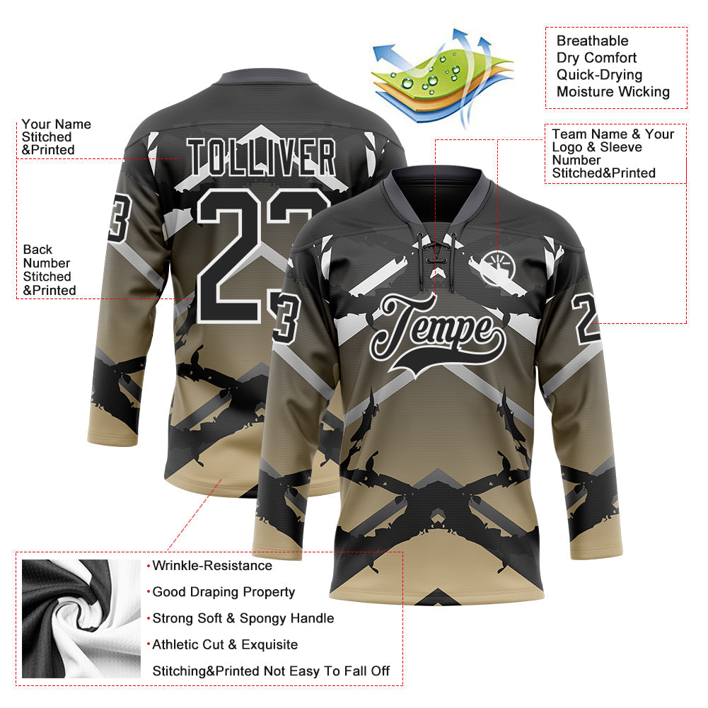 Custom Gray Black Vegas Gold-White 3D Pattern Abstract Gradient Hockey Lace Neck Jersey view 3