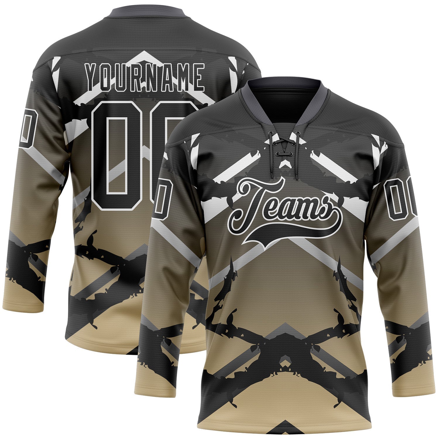 Custom Gray Black Vegas Gold-White 3D Pattern Abstract Gradient Hockey Lace Neck Jersey - Main View