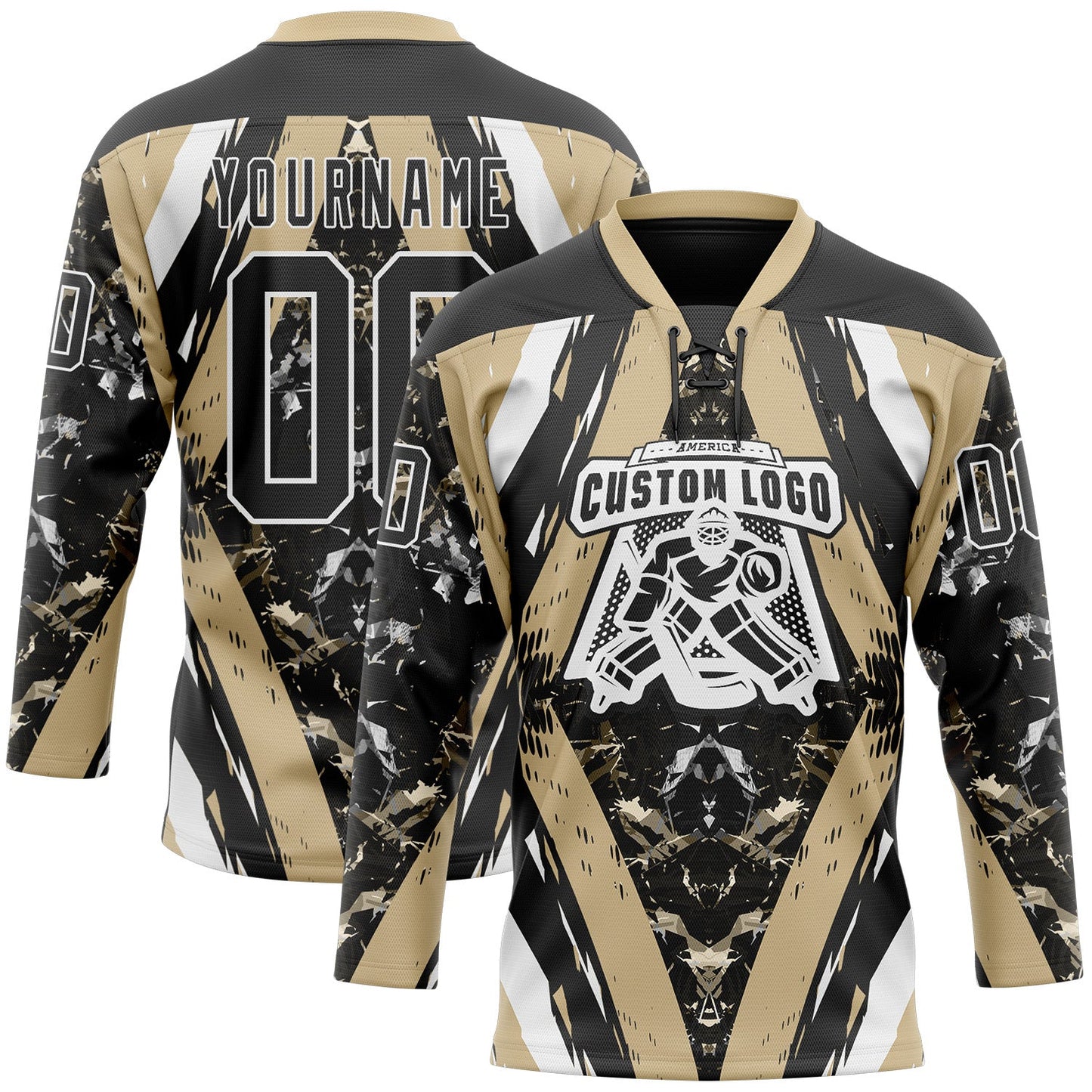 Custom Black Vegas Gold-White 3D Pattern Abstract Grunge Hockey Lace Neck Jersey view 2