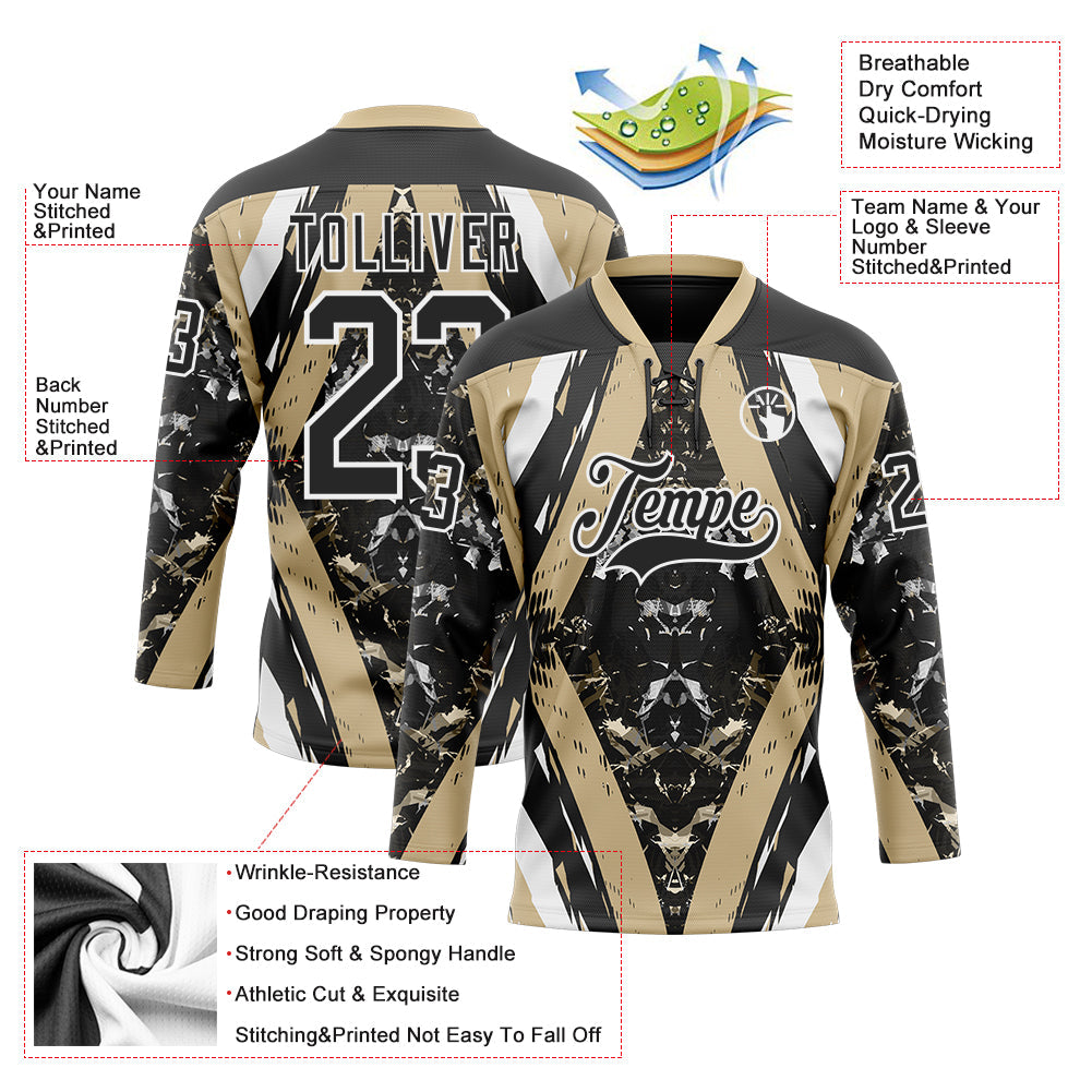 Custom Black Vegas Gold-White 3D Pattern Abstract Grunge Hockey Lace Neck Jersey view 3