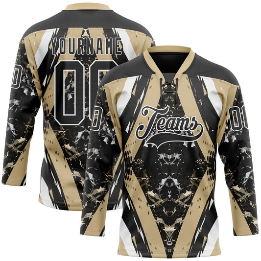 Custom Black Vegas Gold-White 3D Pattern Abstract Grunge Hockey Lace Neck Jersey - Main View