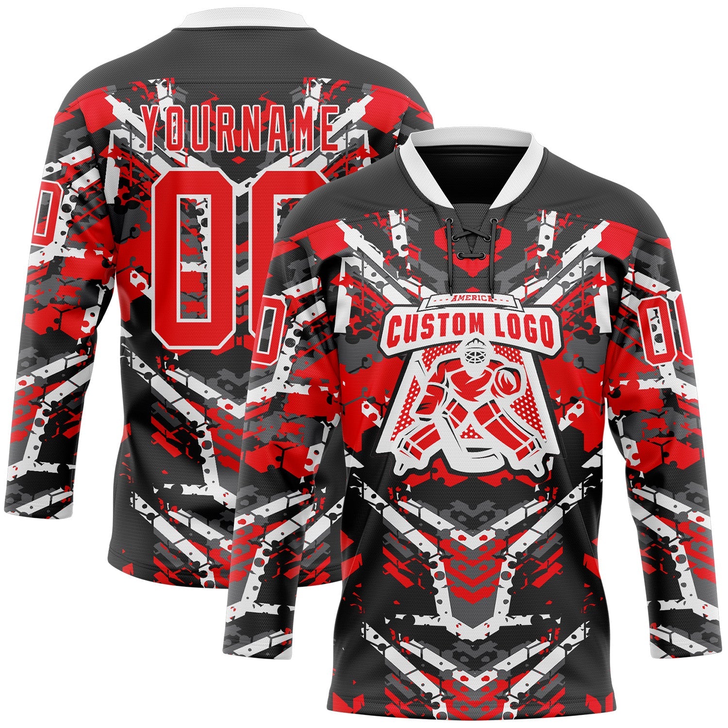 Custom Black Fire Red-White 3D Pattern Abstract Grunge Hockey Lace Neck Jersey view 2
