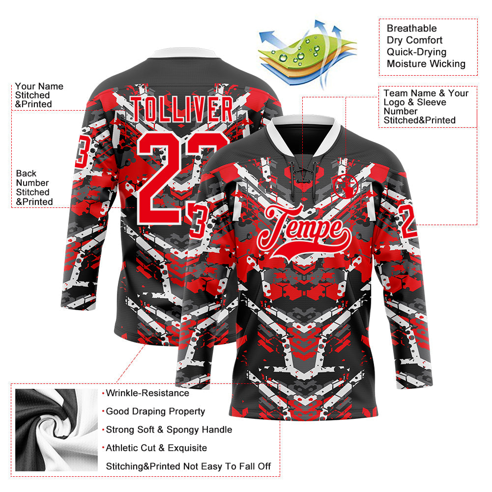 Custom Black Fire Red-White 3D Pattern Abstract Grunge Hockey Lace Neck Jersey view 3