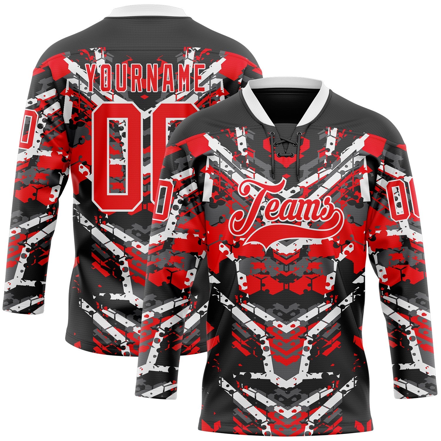 Custom Black Fire Red-White 3D Pattern Abstract Grunge Hockey Lace Neck Jersey - Main View