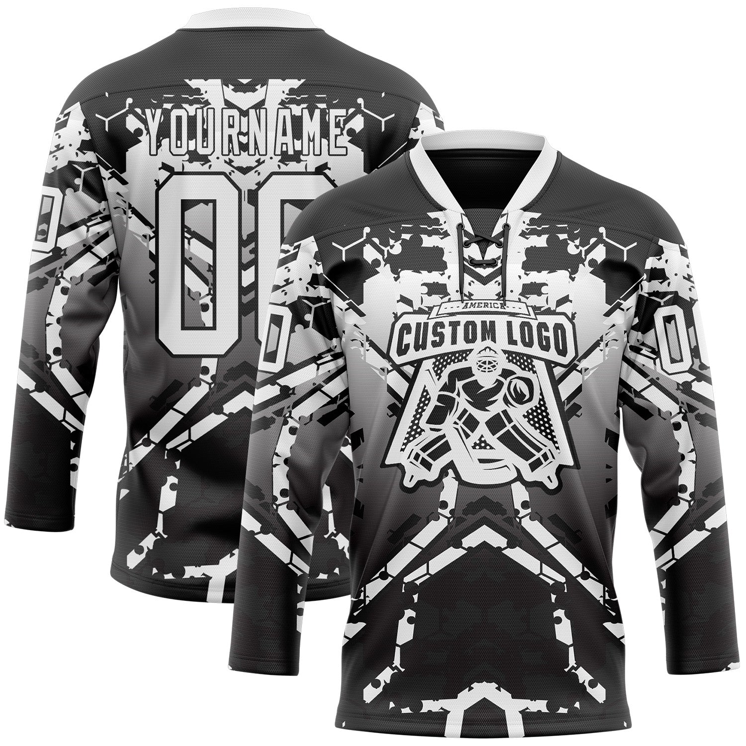 Custom Black White-Gray 3D Pattern Abstract Gradient Hockey Lace Neck Jersey view 2