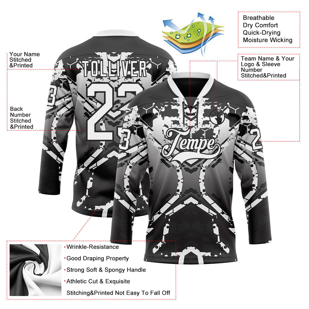 Custom Black White-Gray 3D Pattern Abstract Gradient Hockey Lace Neck Jersey view 3
