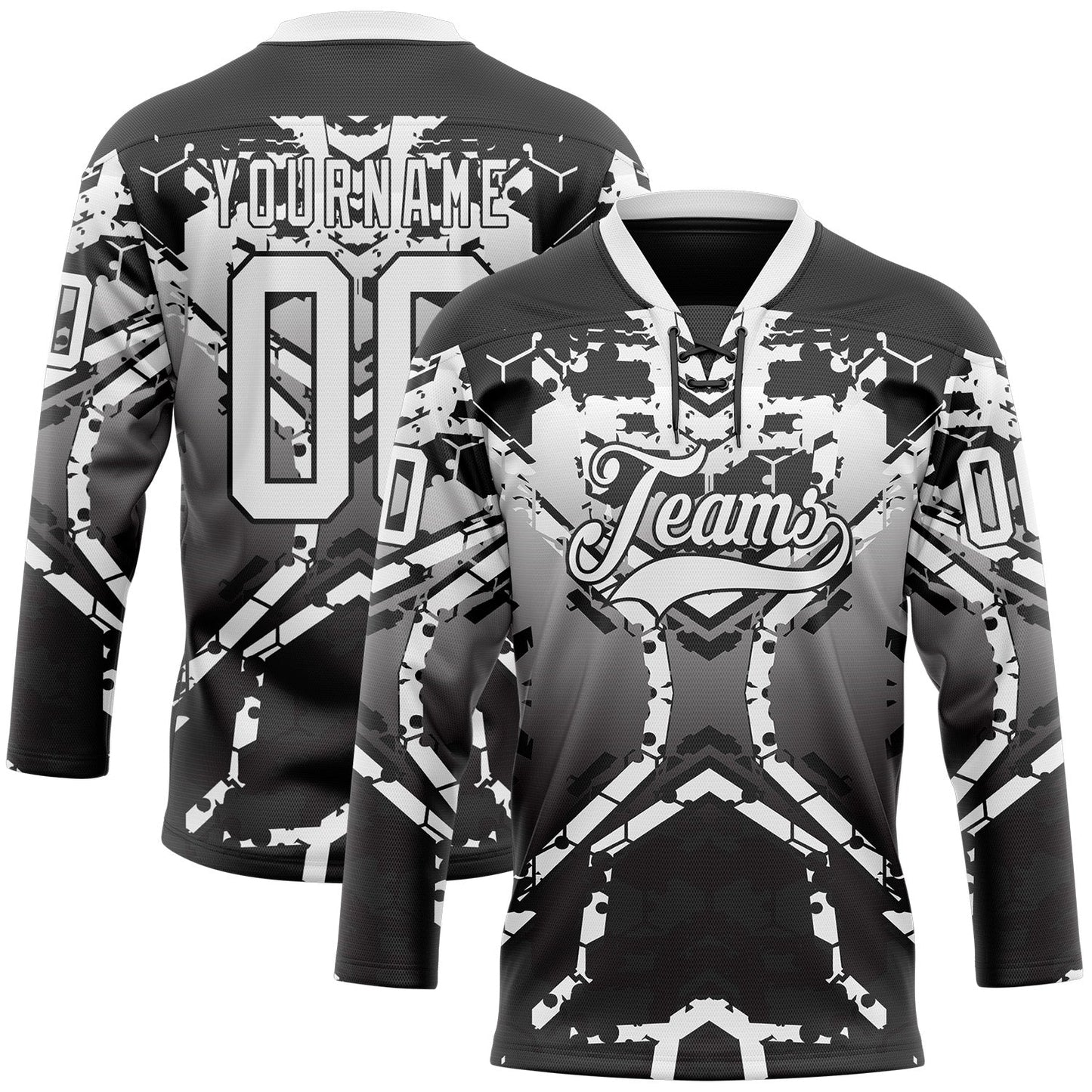 Custom Black White-Gray 3D Pattern Abstract Gradient Hockey Lace Neck Jersey - Main View