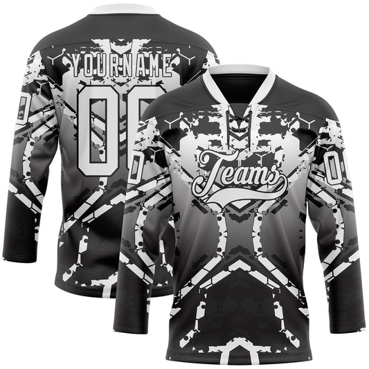 Custom Black White-Gray 3D Pattern Abstract Gradient Hockey Lace Neck Jersey - Main View