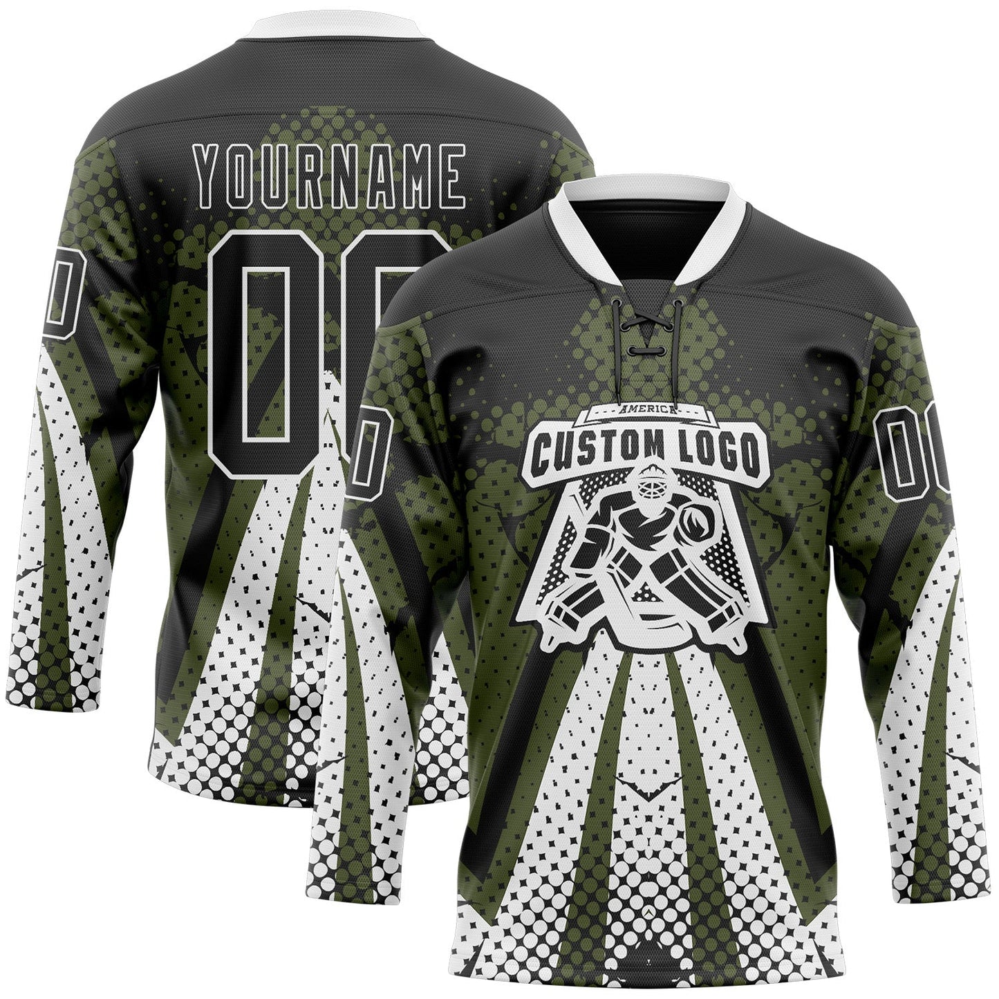 Custom Olive Black-White 3D Pattern Abstract Hockey Lace Neck Jersey view 2