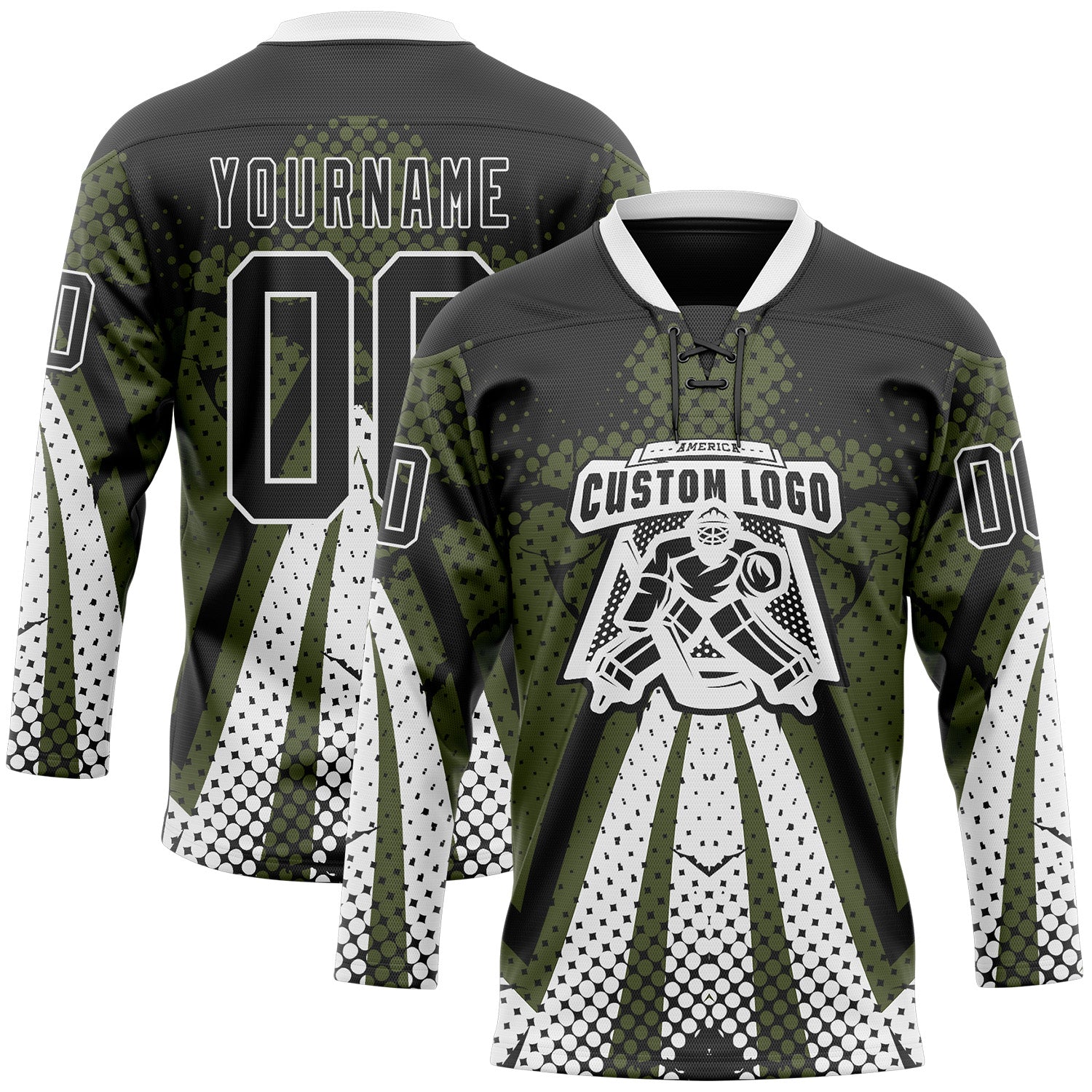 Custom Olive Black-White 3D Pattern Abstract Hockey Lace Neck Jersey view 2