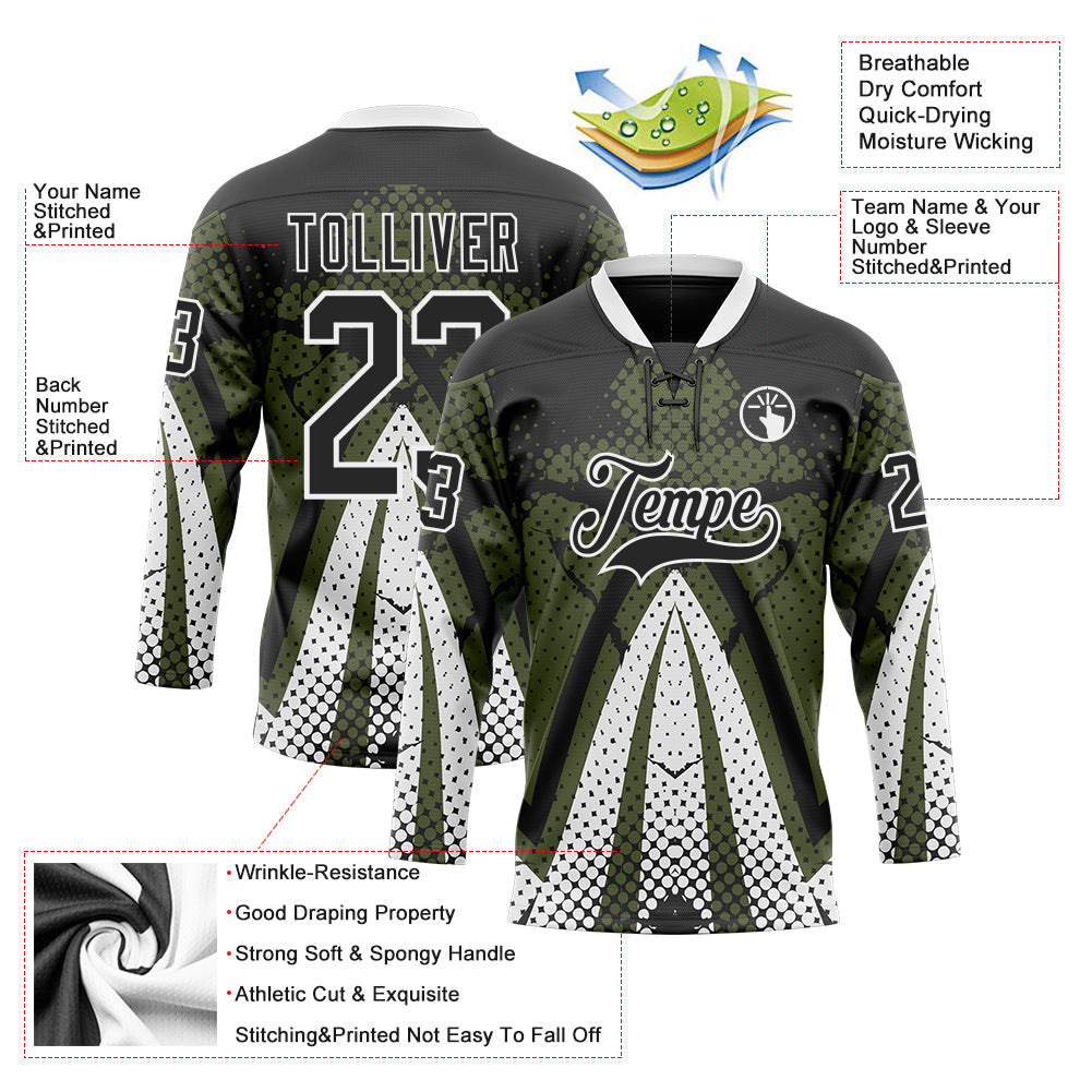 Custom Olive Black-White 3D Pattern Abstract Hockey Lace Neck Jersey view 3