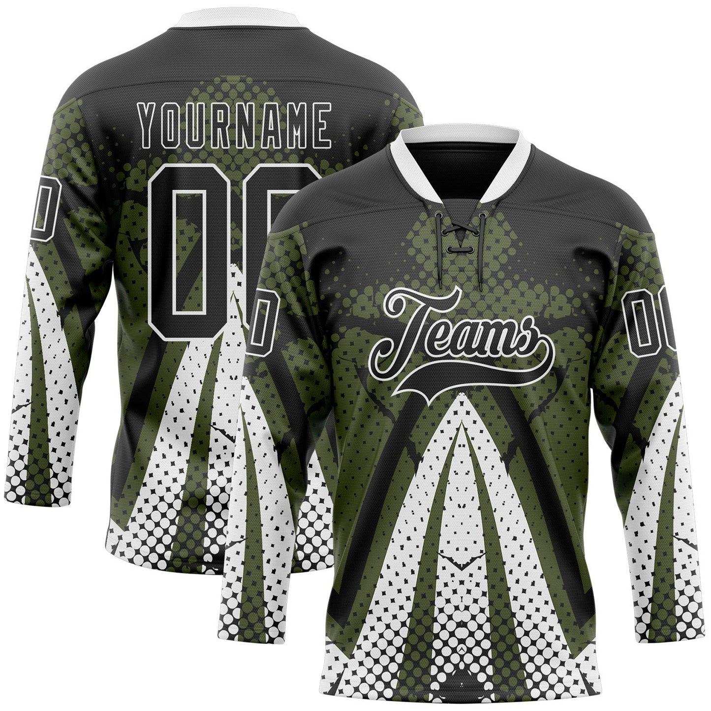 Custom Olive Black-White 3D Pattern Abstract Hockey Lace Neck Jersey - Main View