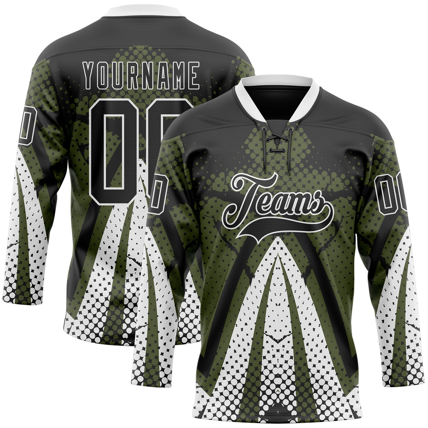 Custom Olive Black-White 3D Pattern Abstract Hockey Lace Neck Jersey - Main View