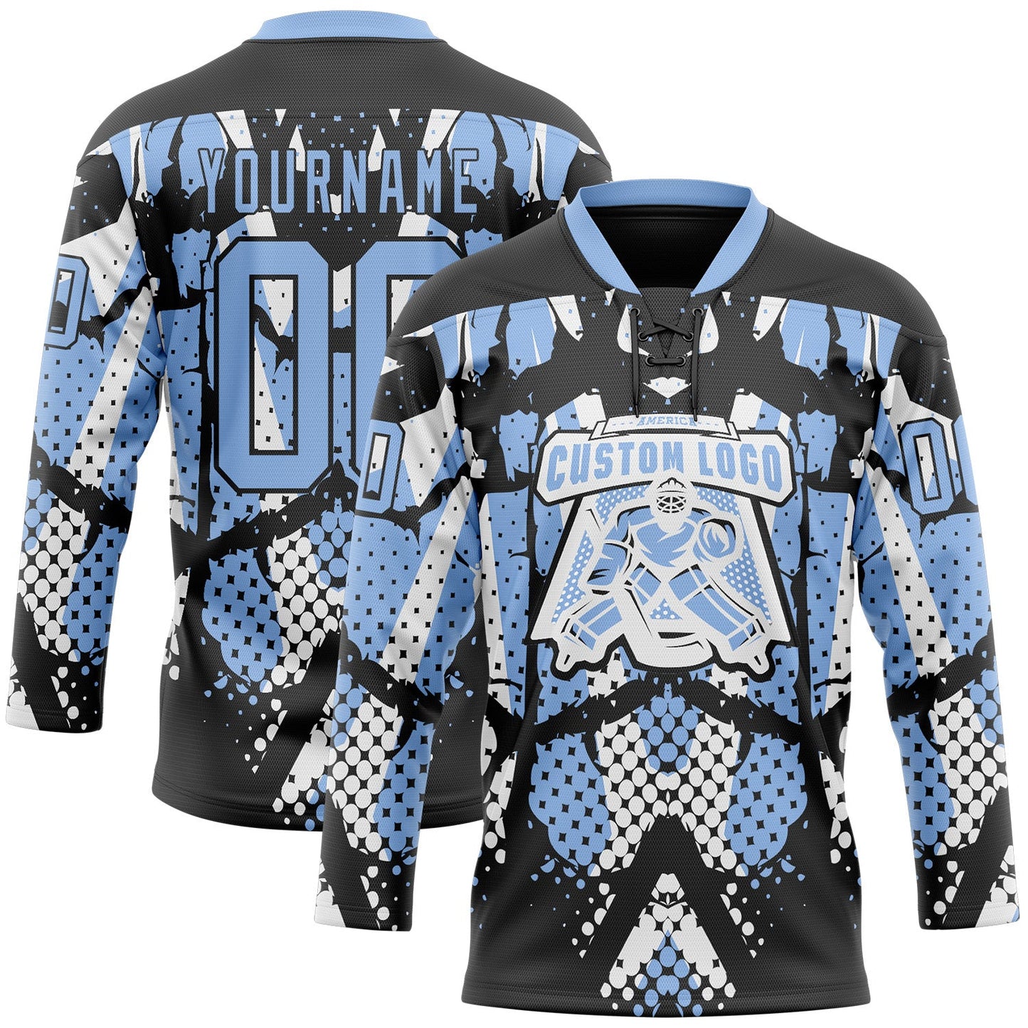 Custom Light Blue Black-White 3D Pattern Abstract Hockey Lace Neck Jersey view 2