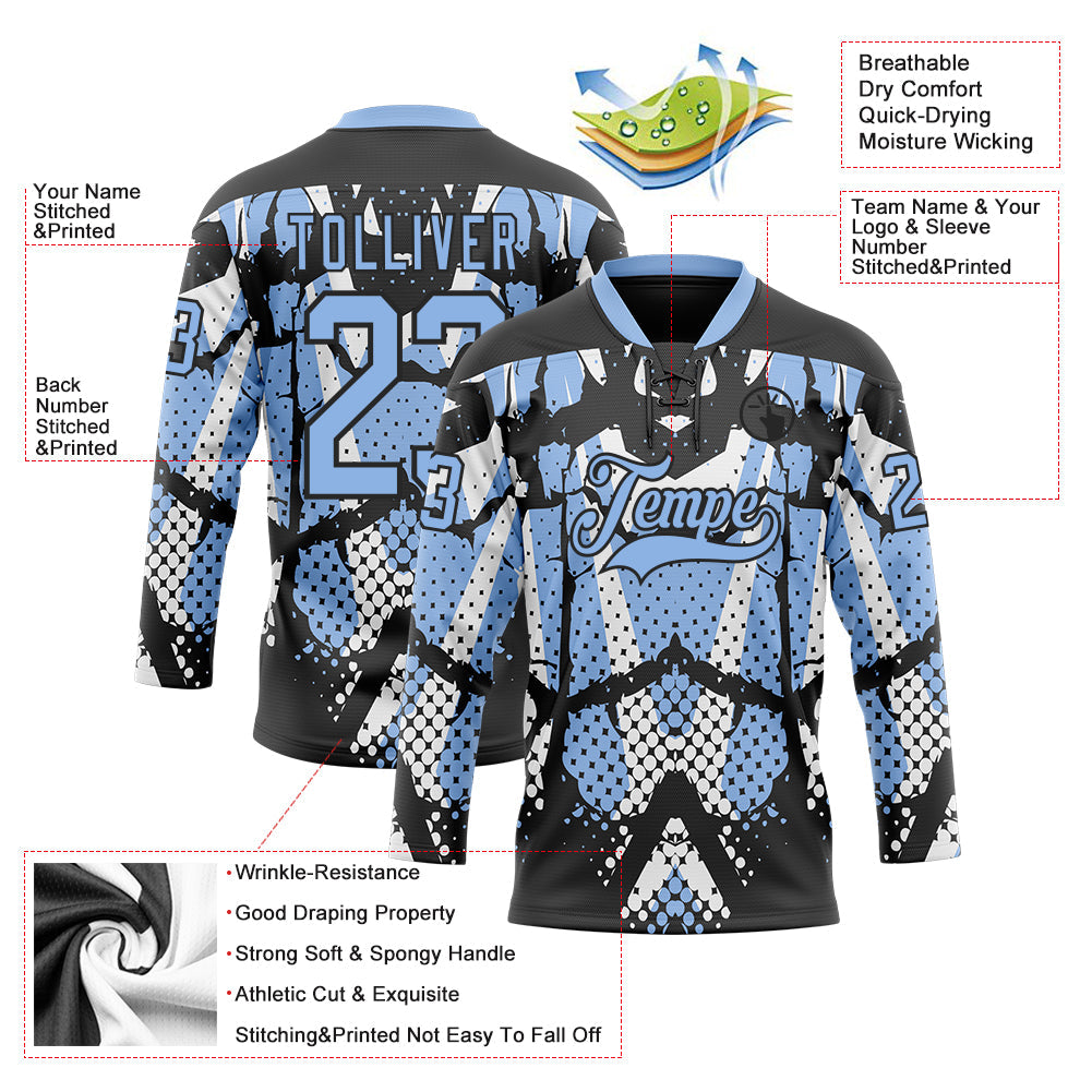 Custom Light Blue Black-White 3D Pattern Abstract Hockey Lace Neck Jersey view 3