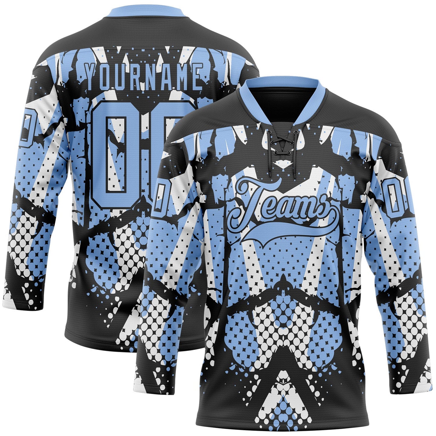 Custom Light Blue Black-White 3D Pattern Abstract Hockey Lace Neck Jersey - Main View