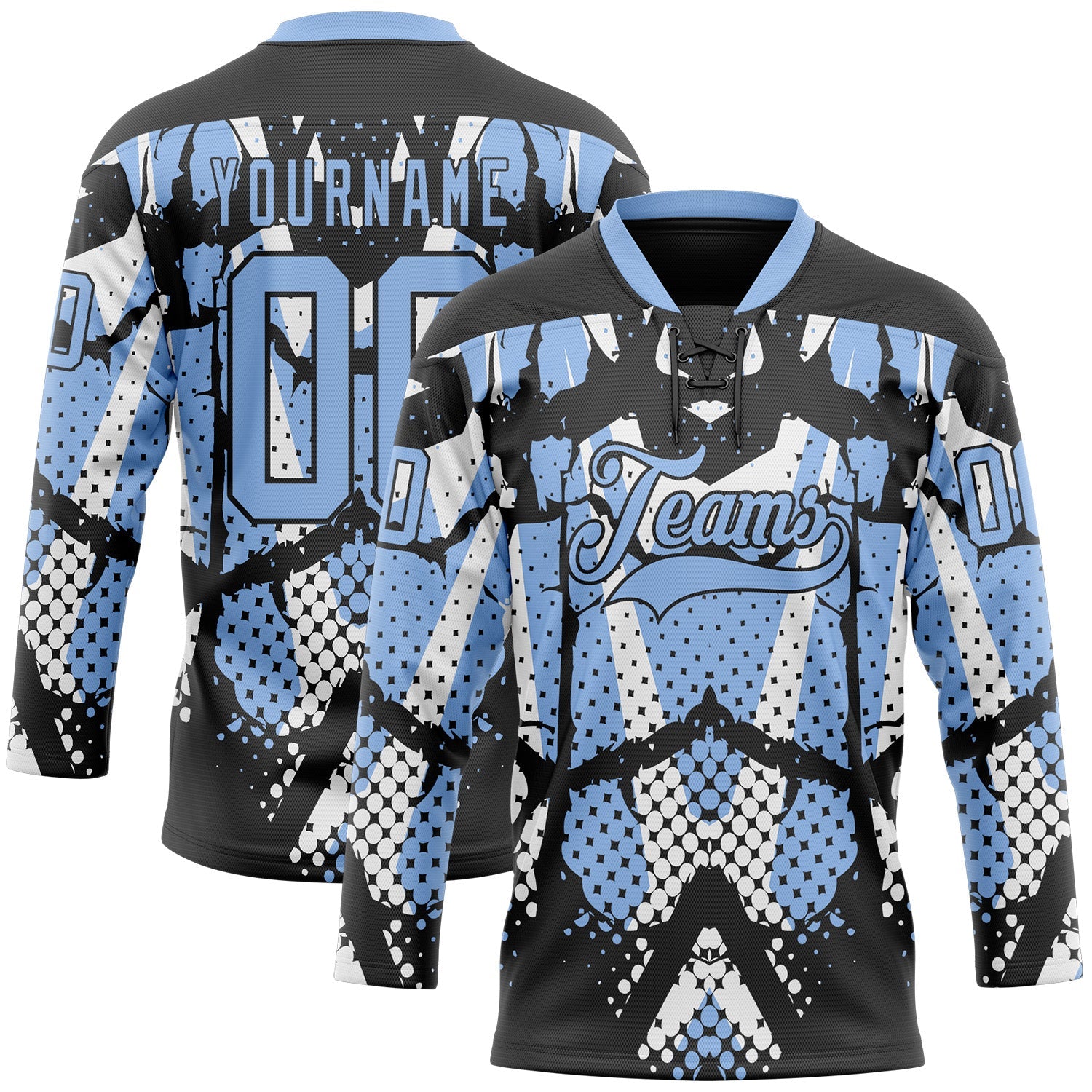 Custom Light Blue Black-White 3D Pattern Abstract Hockey Lace Neck Jersey - Main View