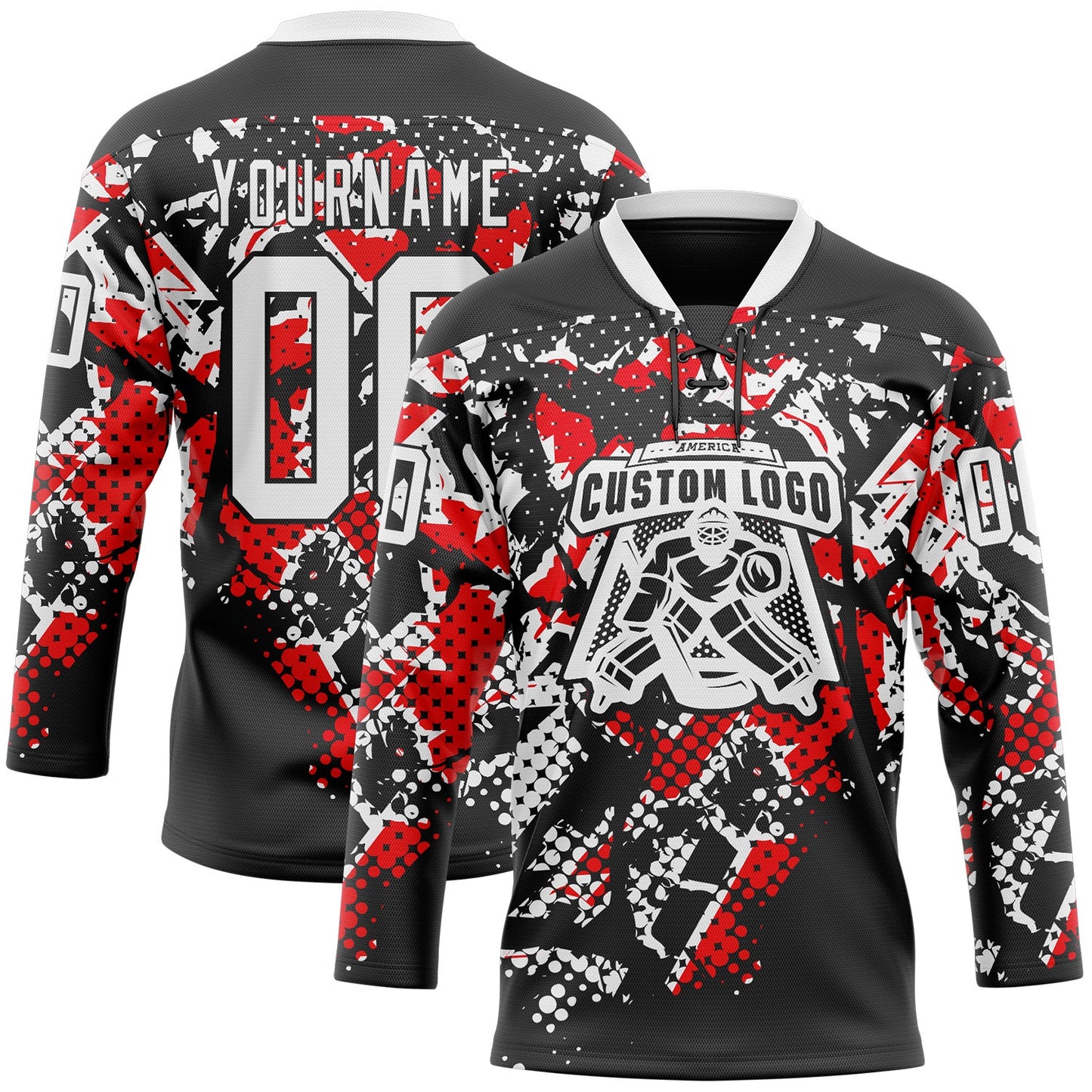Custom Black White-Fire Red 3D Pattern Abstract Grunge Hockey Lace Neck Jersey view 2