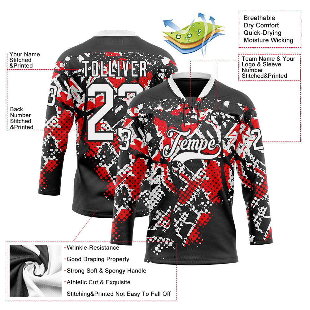 Custom Black White-Fire Red 3D Pattern Abstract Grunge Hockey Lace Neck Jersey view 3