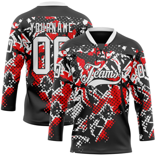 Custom Black White-Fire Red 3D Pattern Abstract Grunge Hockey Lace Neck Jersey - Main View
