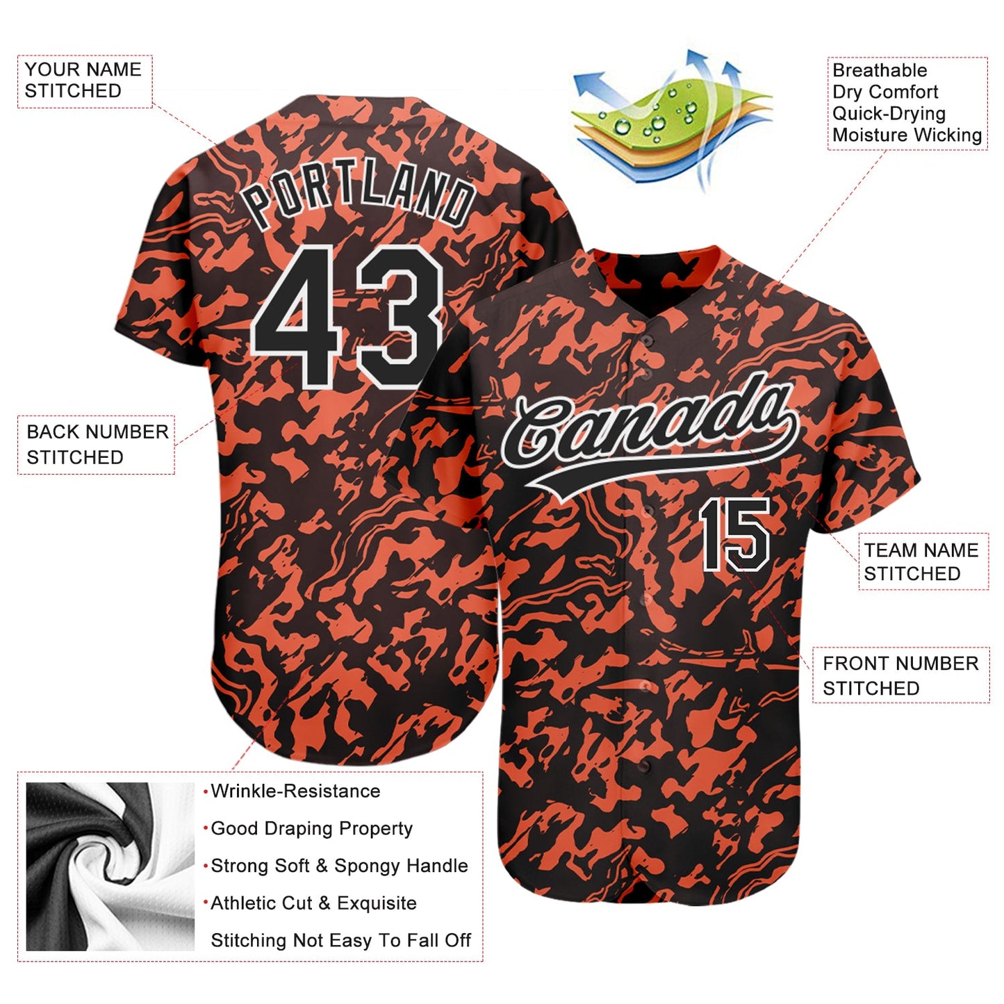 Custom Orange Black-White 3D Pattern Design Authentic Baseball Jersey view 3